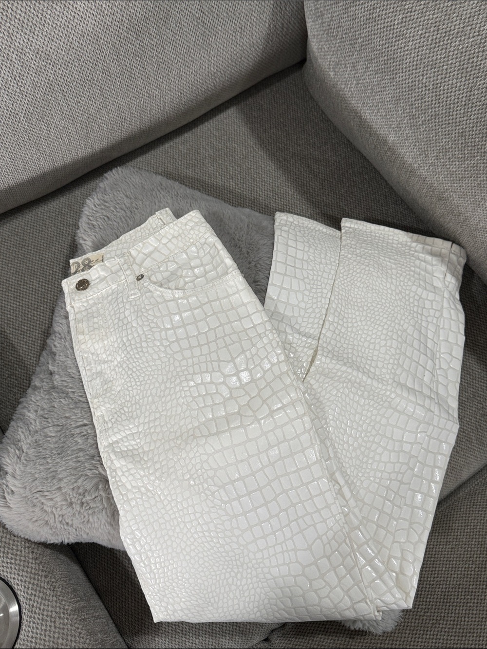 Free People White Croc-Embossed Straight LegJeans